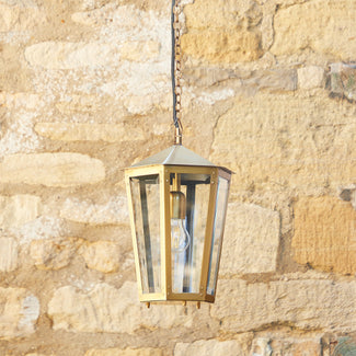 Holt IP44 exterior hanging lantern in antique brass