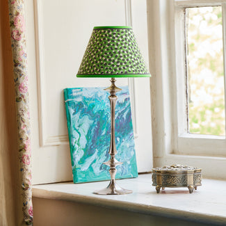 Spindle rechargeable table lamp in antique silver