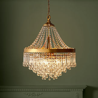 Capulet Chandelier in brass with clear blown glass droplets